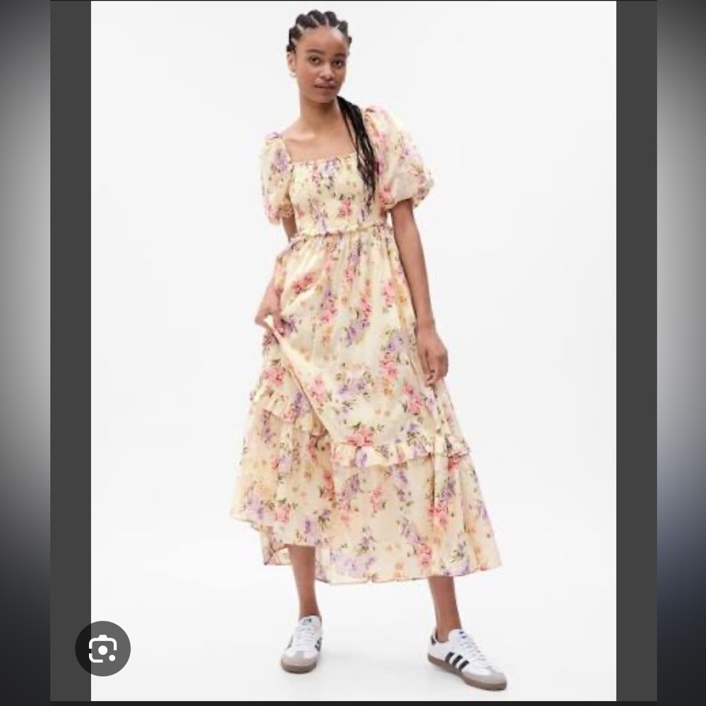 LoveShackFancy x GAP Floral Puff-Sleeve Tiered Midi Dress in Yellow and Pink S
